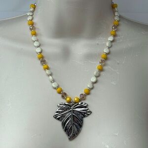 Handmade Beaded Necklace Silver Tone Leaf Pendant White Magnesite Yellow Glass